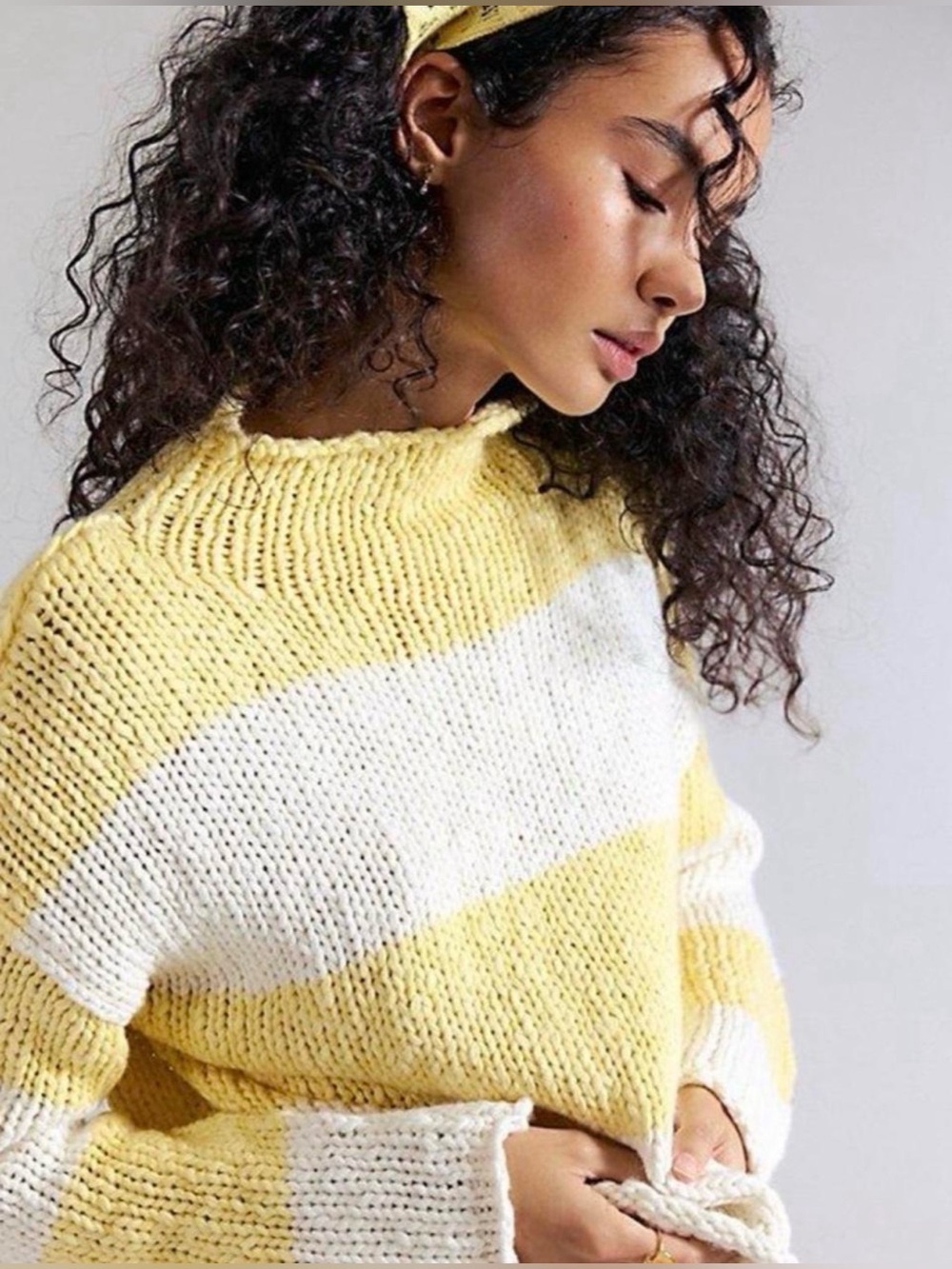Free People Yellow and White Striped Cowl Sweater